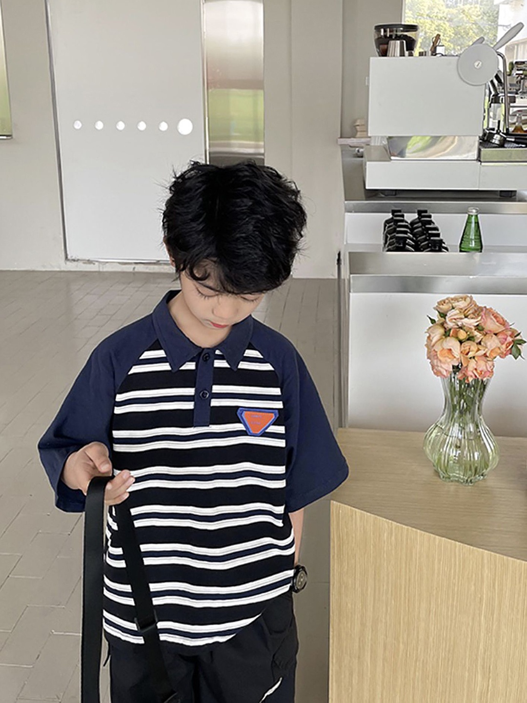 

LULU & SKY Boys Striped Polo Collar Oversized T-shirt, Navy blue
