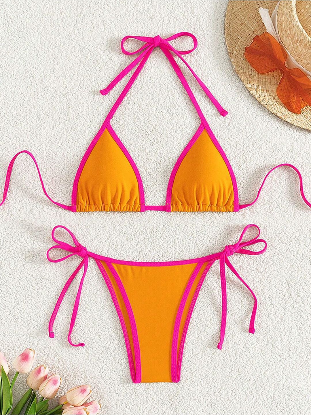 

BAESD Halter Neck Swim Bikini Set With Contrast Binding, Orange