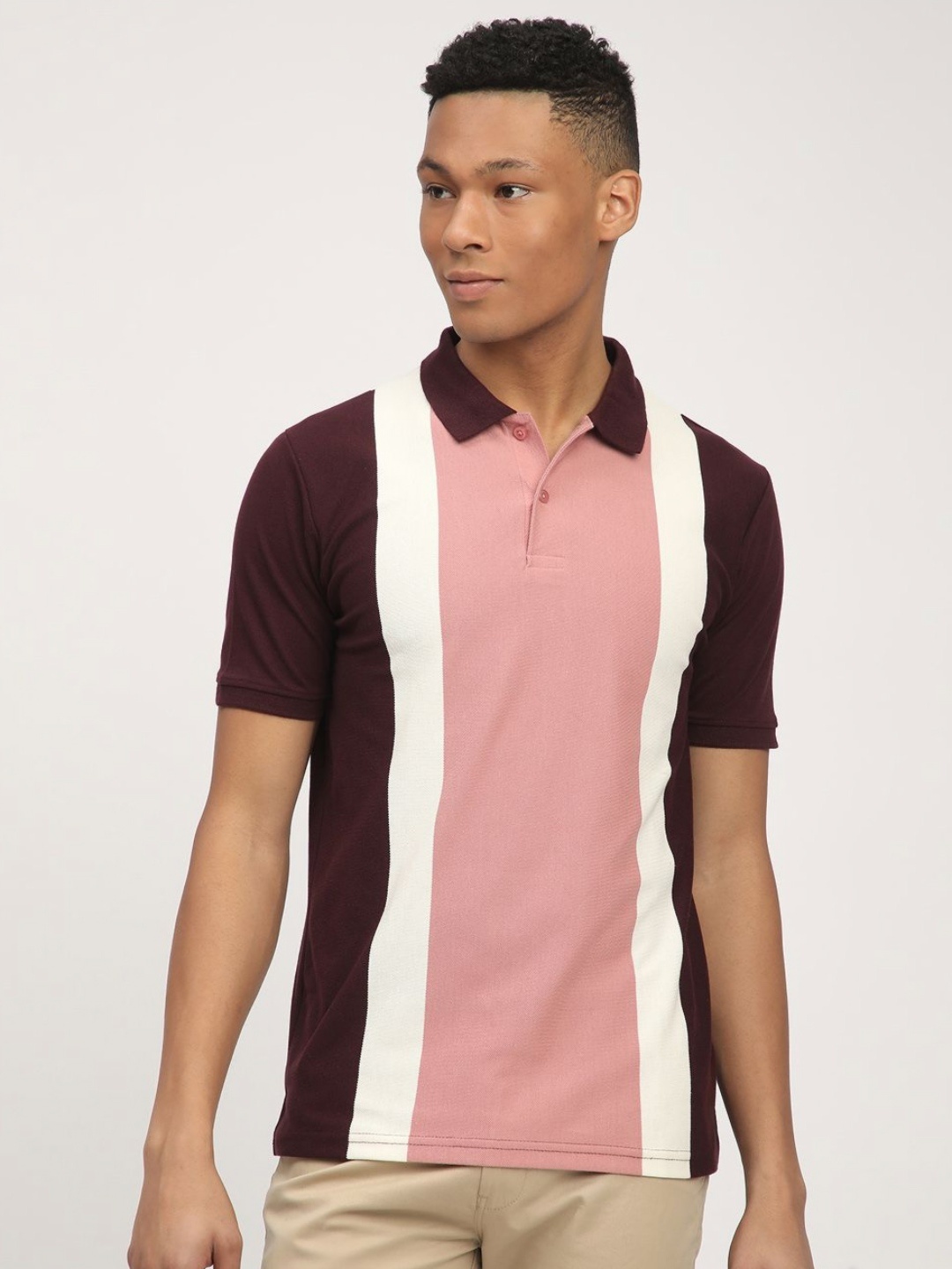 

R&B Men Striped Polo Collar T-shirt, White
