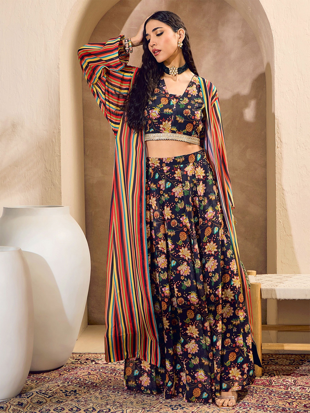 

Shae by SASSAFRAS Floral Printed Sequinned V-Neck Ready to Wear Lehenga Choli, Black
