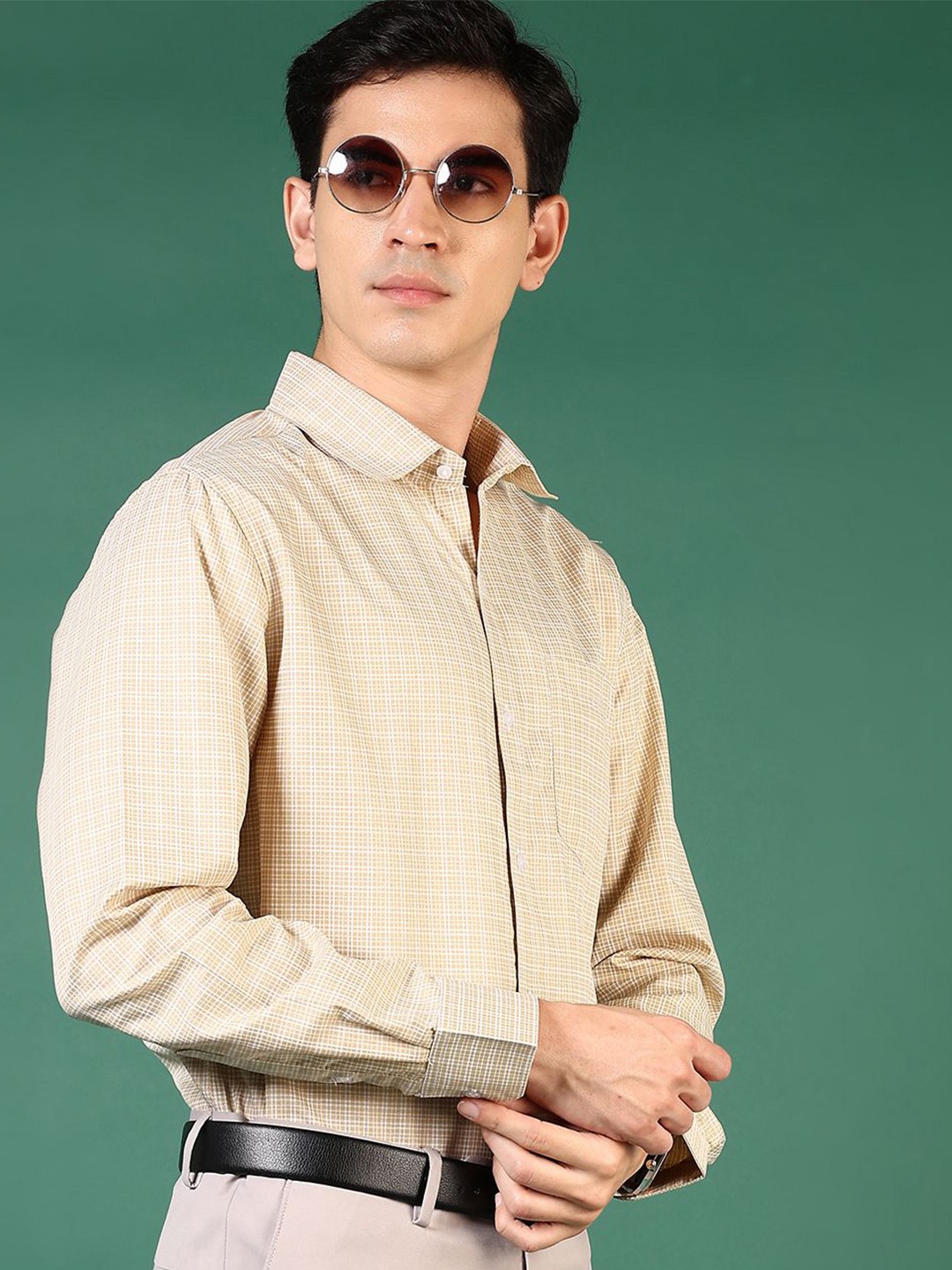 

V-Mart Men Grid Tattersall Checks Opaque Checked Formal Shirt, Beige