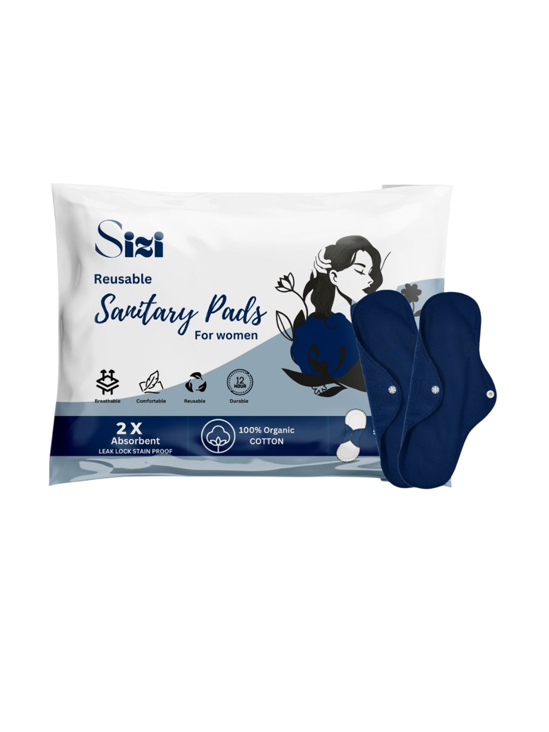 

Sizi Super Absorbent Washable & Reusable Eco-Friendly Sanitary Pads- 2 Pads- XL, Navy blue
