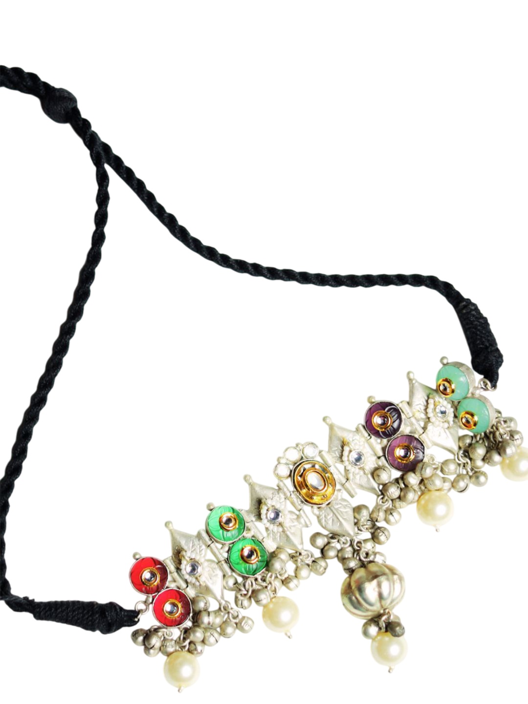 

ADC SHEMONA German Silver Silver-Plated Stone-Studded & Beaded Necklace