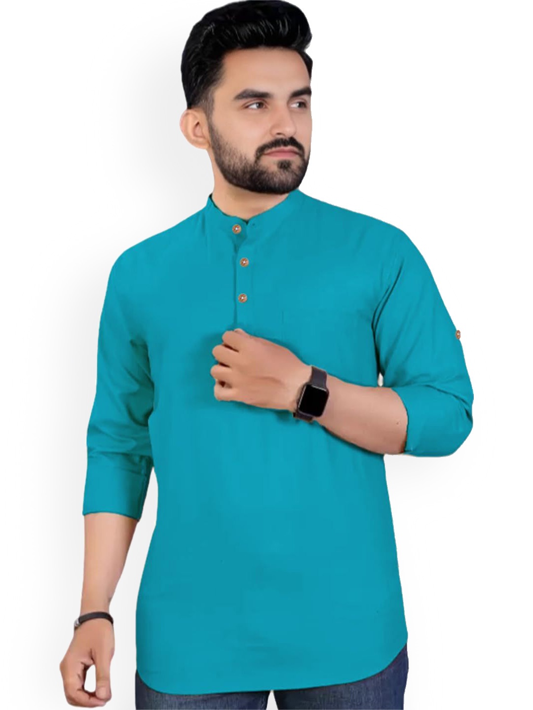

Vida Loca Band Collar Cotton Straight Short Kurta, Turquoise blue