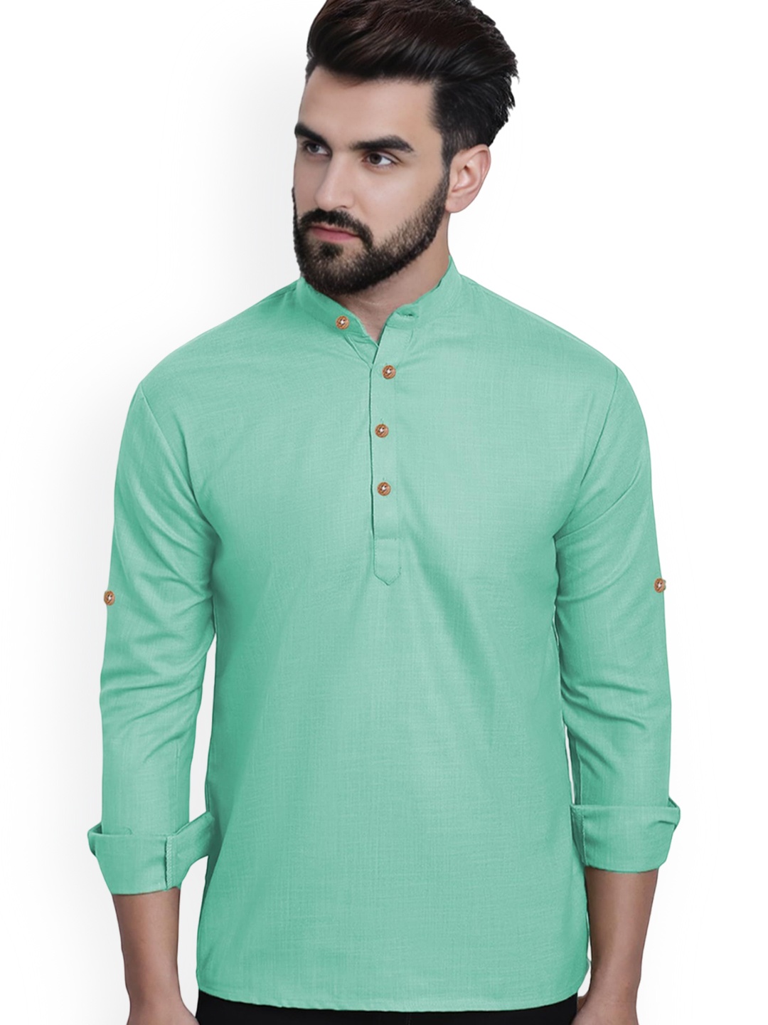 

Vida Loca Band Collar Rolled-Up Sleeves Pure Cotton Slim Fit Straight Short Kurta, Lime green