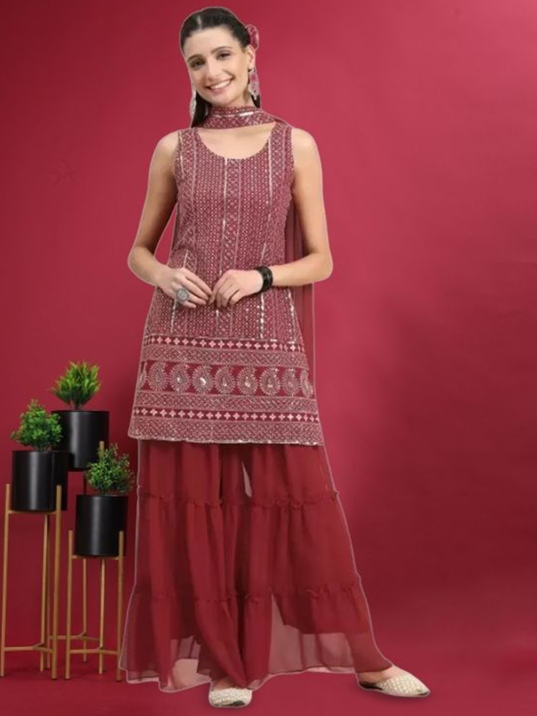 

PARROT CREATION Geometric Embroidered Georgette Straight Kurti With Sharara And Dupatta, Maroon