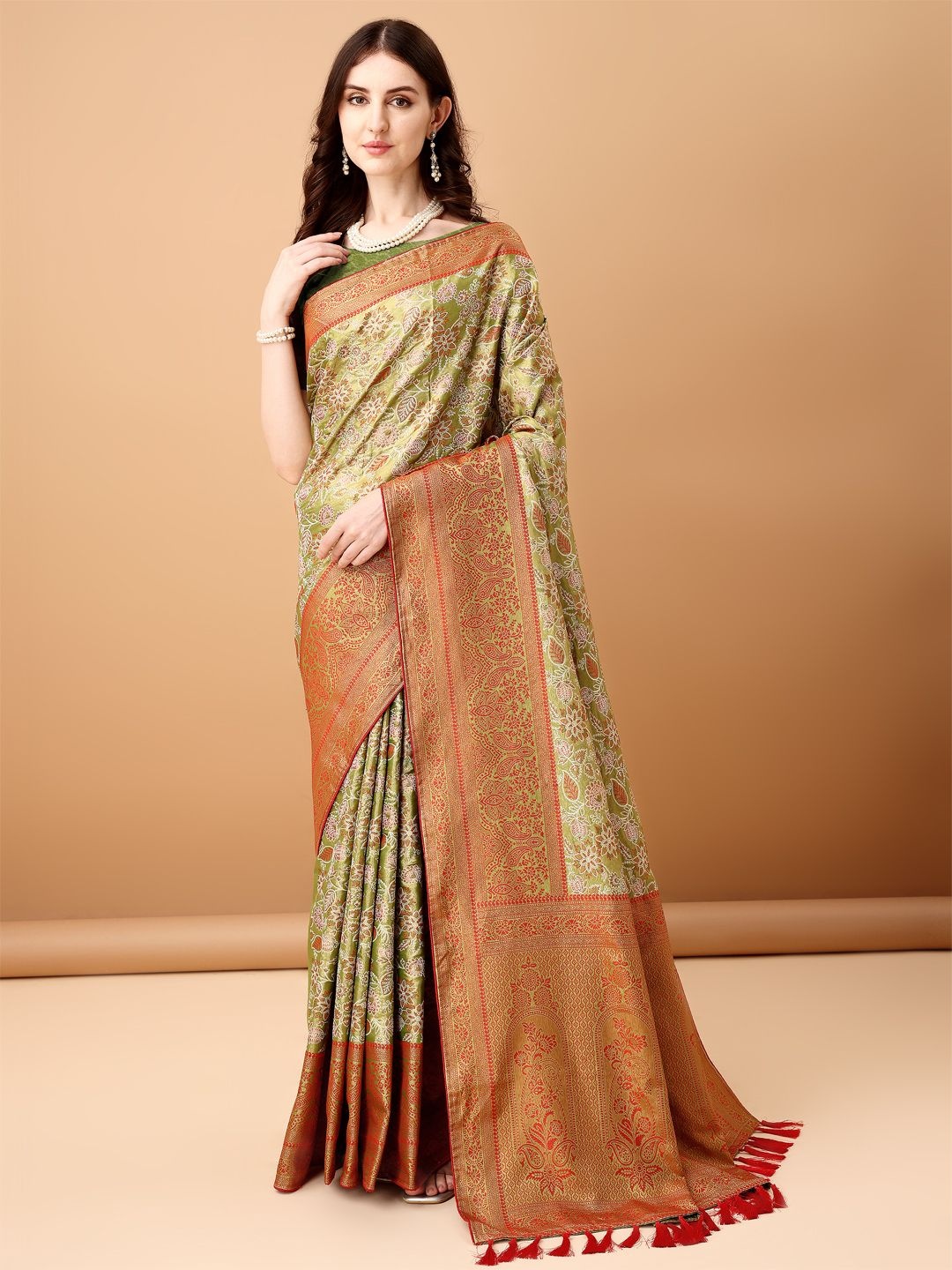 

FILIB LONDON Woven Design Zari Pure Silk Saree, Orange