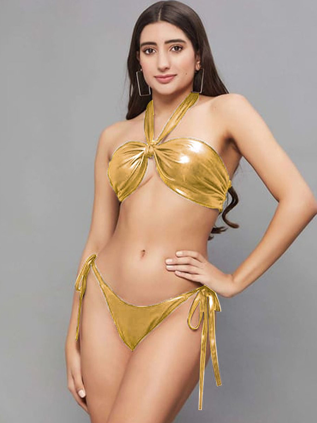 

VAGHBHATT Halter Neck Swim Bikini Set, Gold