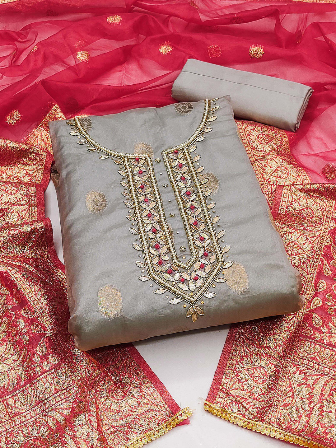 

SAINOOR Ethnic Motifs Woven Design Beads Work Organza Jacquard Unstitched Dress Material, Grey