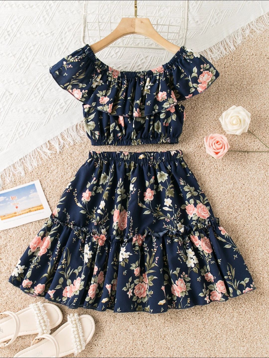 

BAESD Girls Floral Printed Round Neck Top with Skirt, Blue