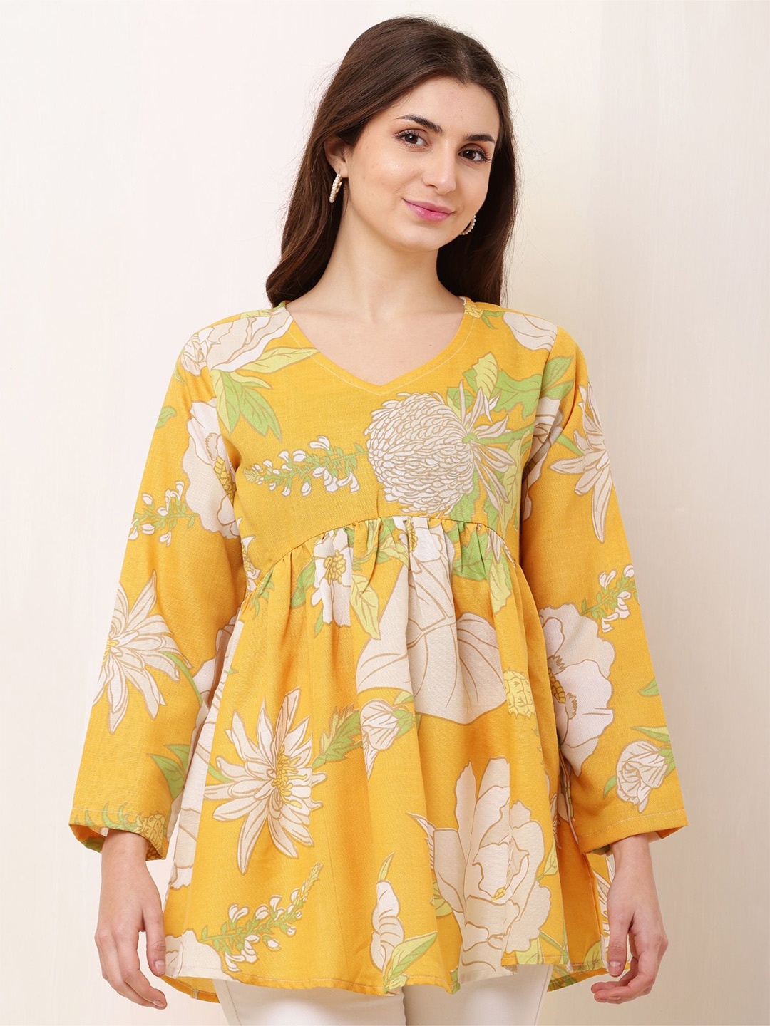 

Bright Nex Floral Print Cotton Longline Top, Yellow