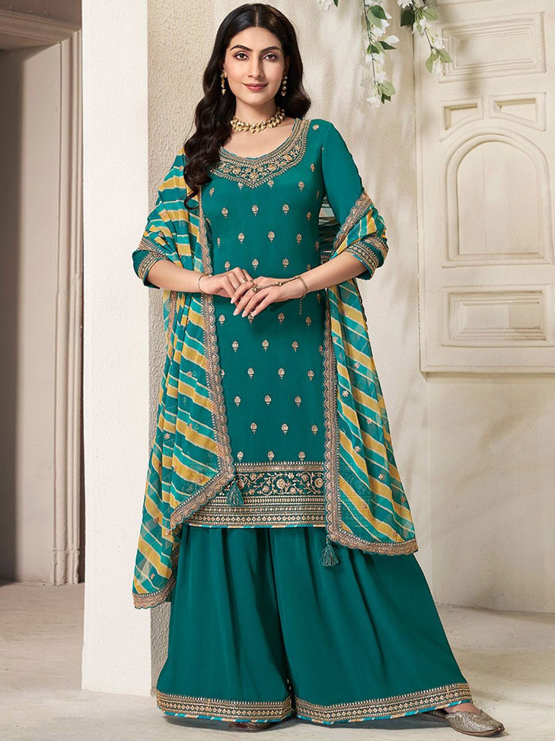 

Seerat Floral Embroidered Silk Chiffon Straight Kurti With Sharara & Dupatta, Green