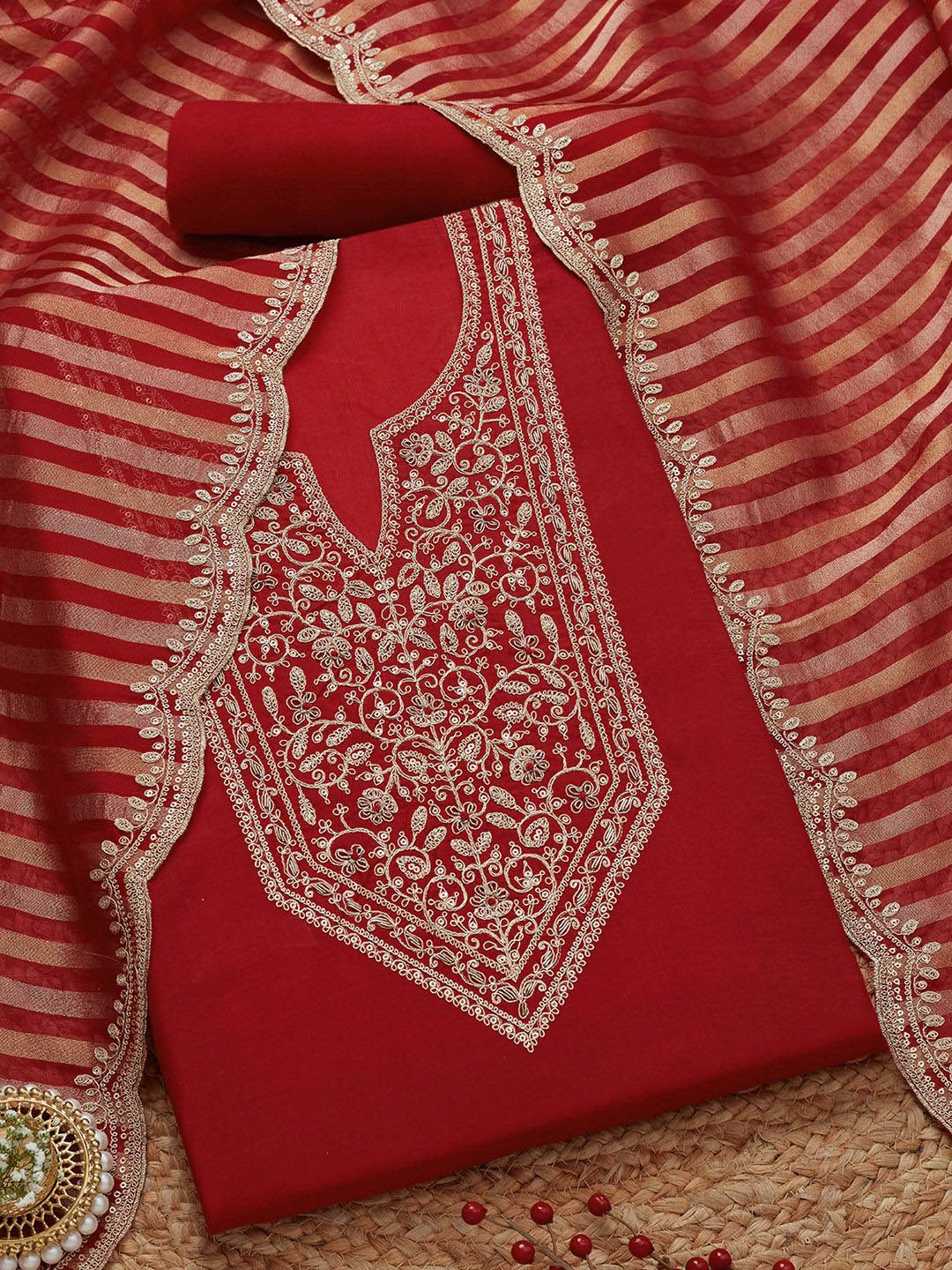 

Soch Floral Embroidered Sequinned Unstitched Dress Material, Red
