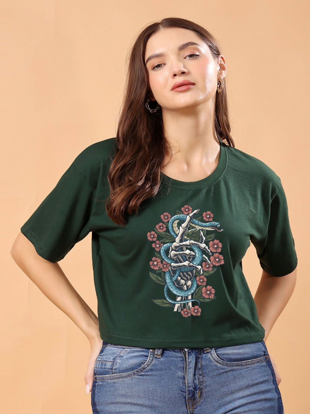 

SWIFTLY Women Bio Finish Graphic Printed Round Neck Cotton Boxy Fit T-shirt, Green