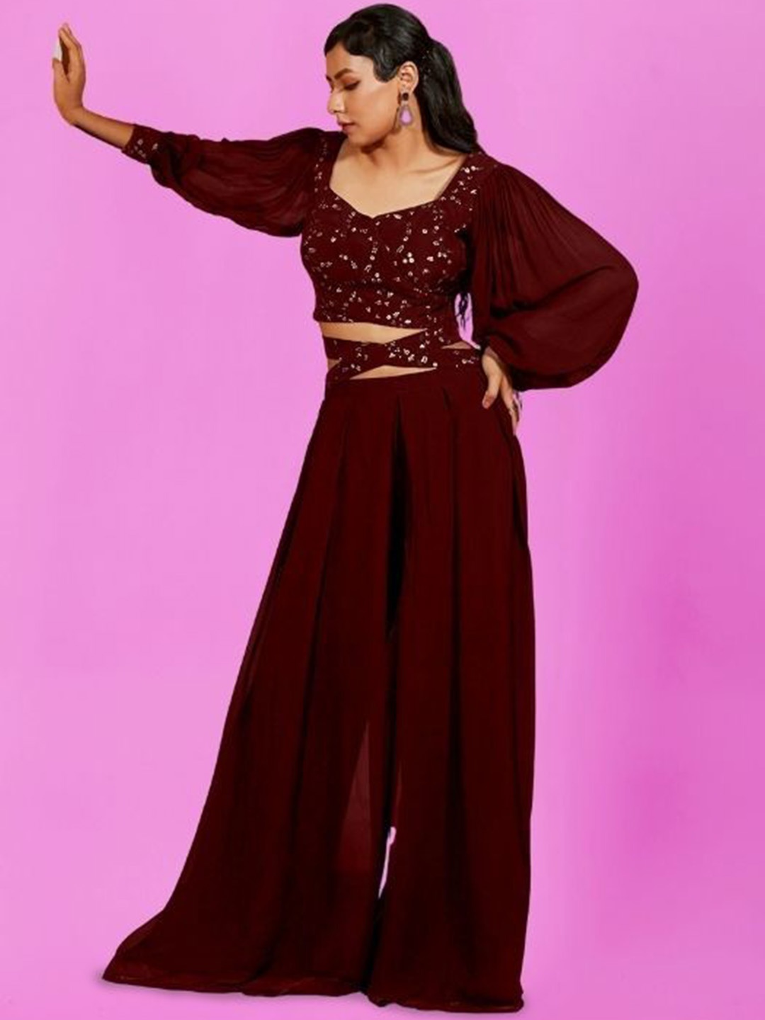 

PARROT CREATION Floral Embroidered Sweetheart Neck Crop Top With Palazzo, Maroon