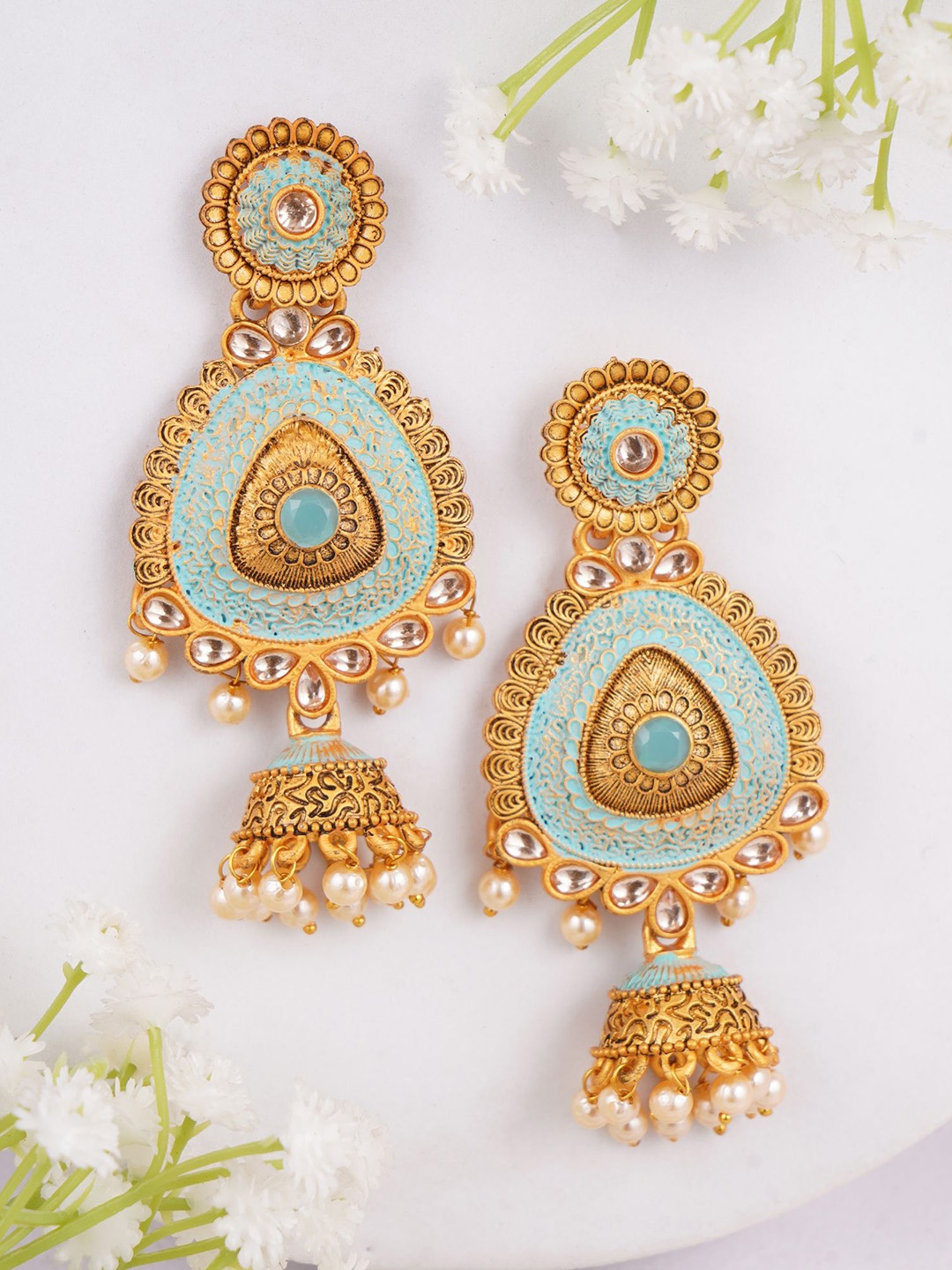 

Adwitiya Collection Gold Plated Kundan Studded Dome Shaped Jhumkas, Blue