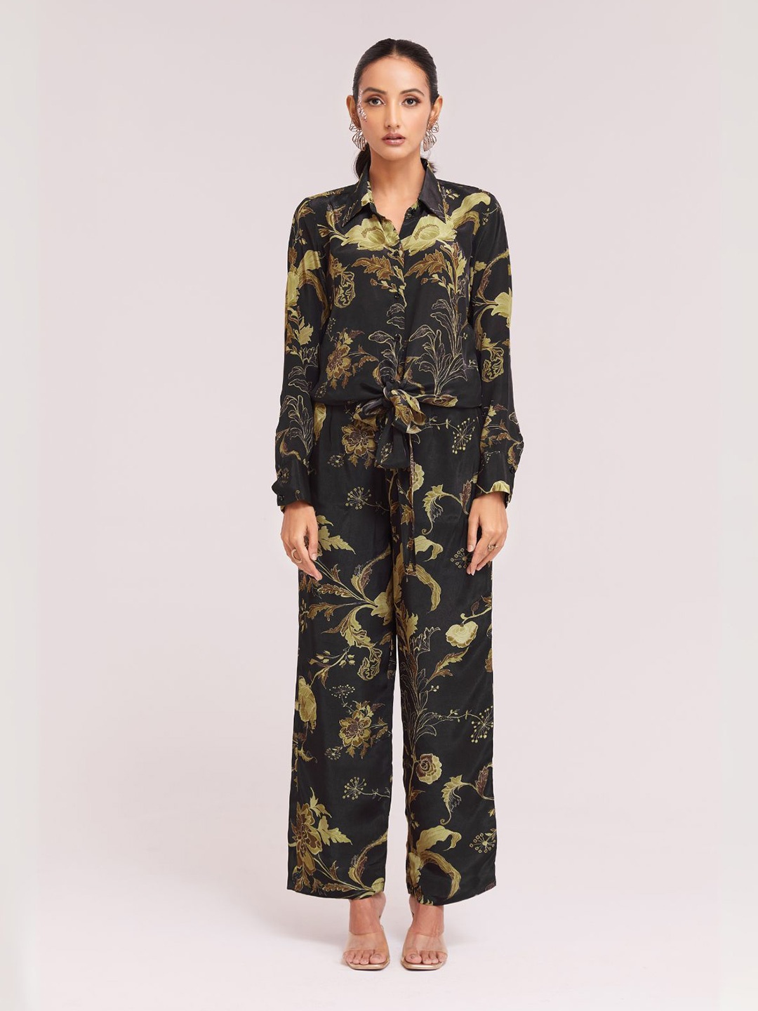 

ODETTE Black Silk Blend Printed Stitched Co-Ord Set For Women