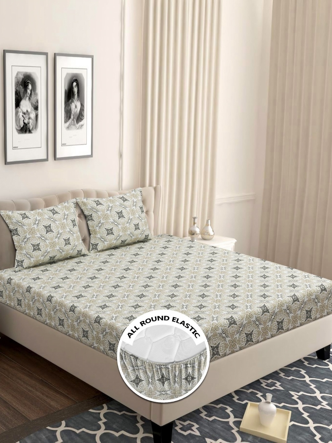 

bsb home Valancia Beige Floral Printed Microfiber 210 TC King Bedsheet Set, White