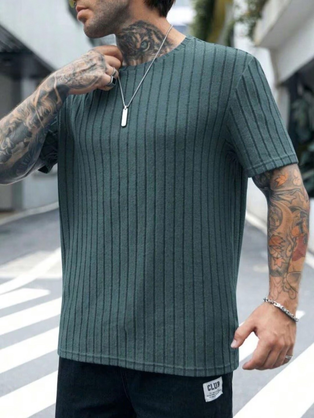 

Fashion2wear Men Striped Round Neck Cotton Slim Fit T-shirt, Teal