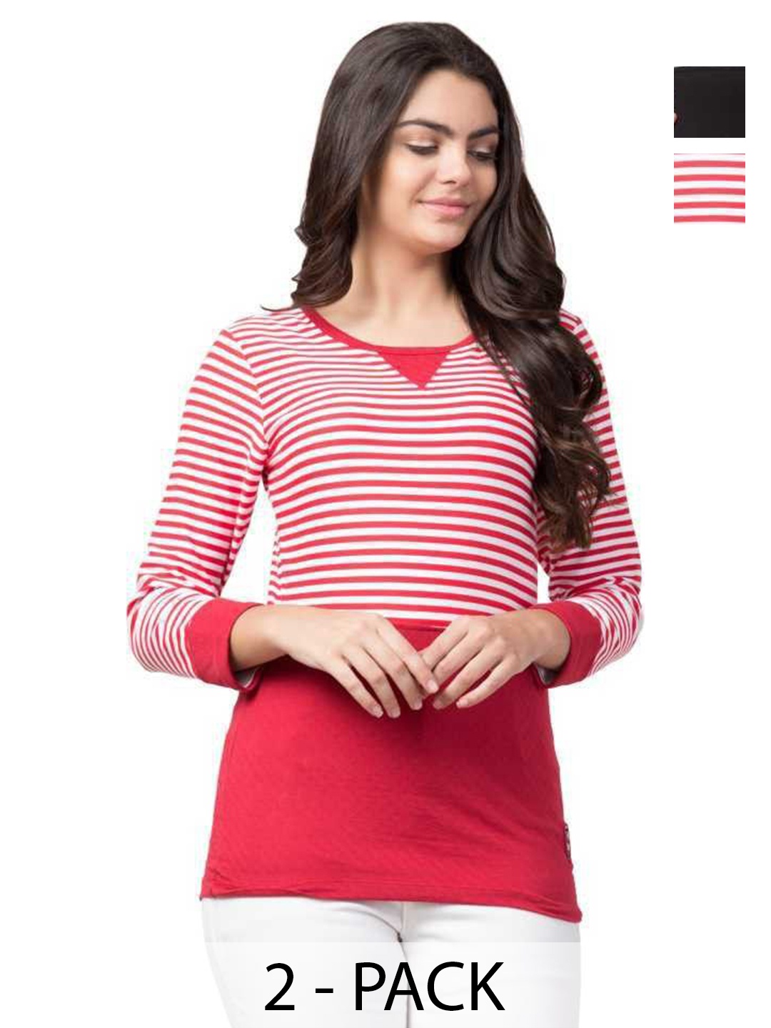 

CLOTHY Women 2 Striped Pockets T-shirt, Red