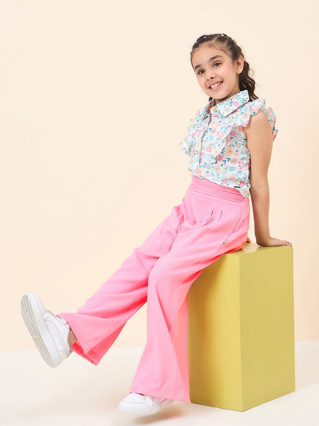 

Stylo Bug Girls Floral Printed Ruffle Shirt With Trouser, White