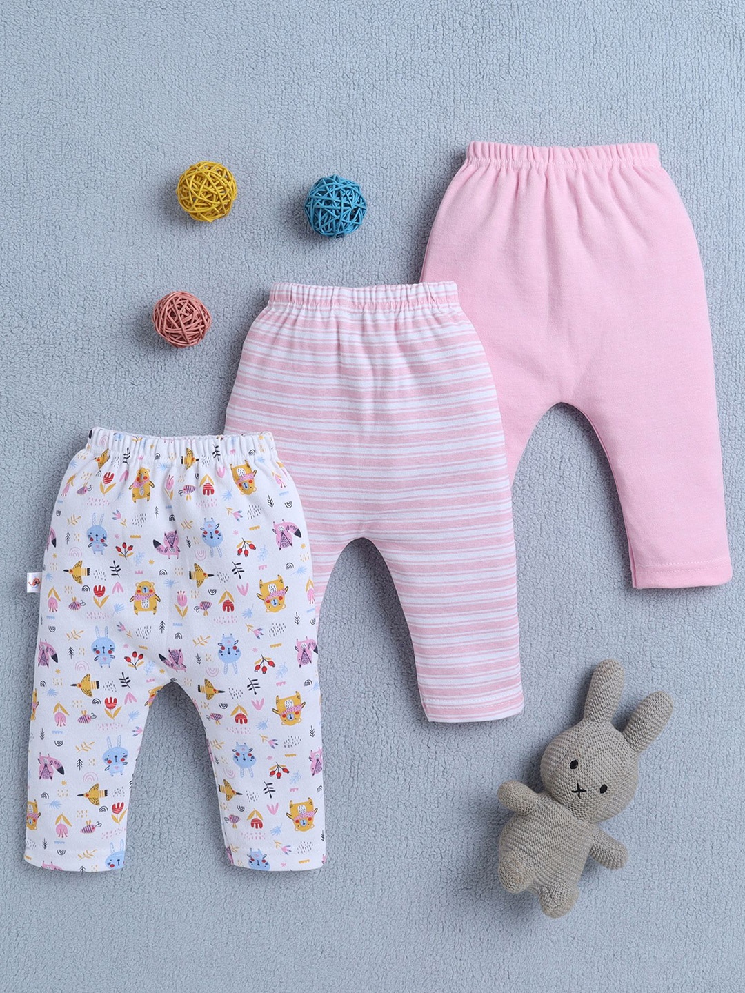 

BUMZEE Infant Girls Pack Of 3 Printed Cotton Leggings, Pink