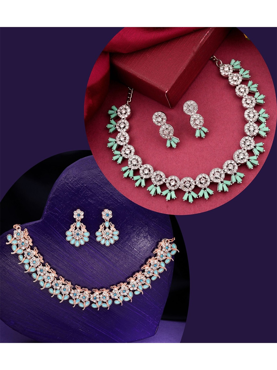 

DIVASTRI Set Of 2 Rose Gold & Silver-Plated American Diamonds Studded Jewellery Set