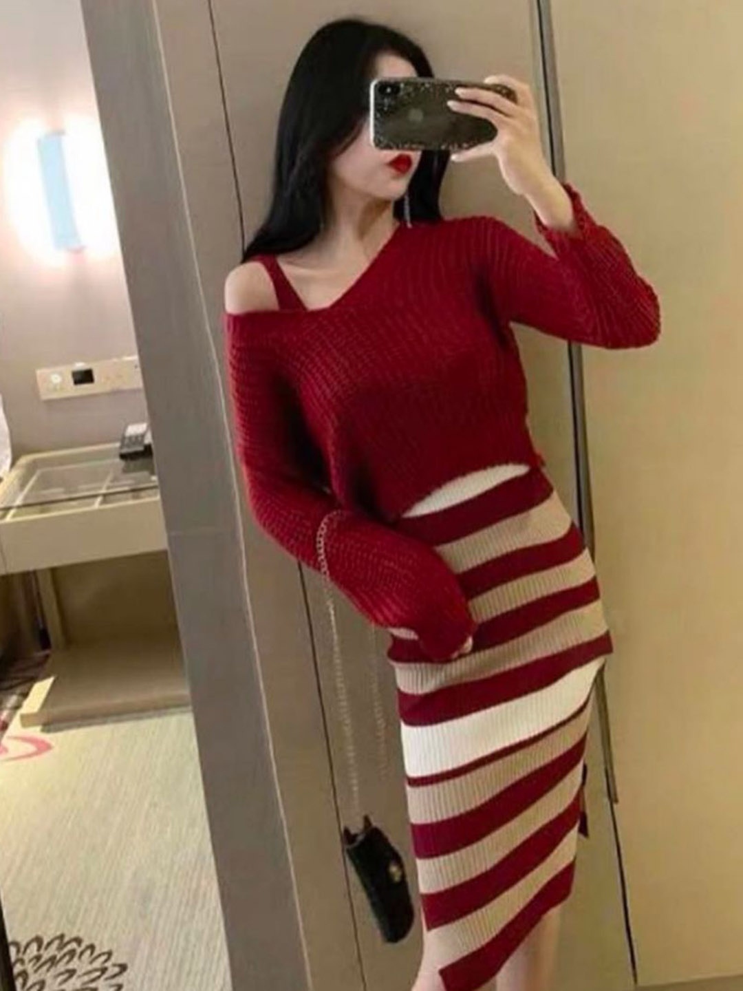 

MADE FOR HER LABEL Striped Bodycon Midi Dress With Rugged Sweater, Red