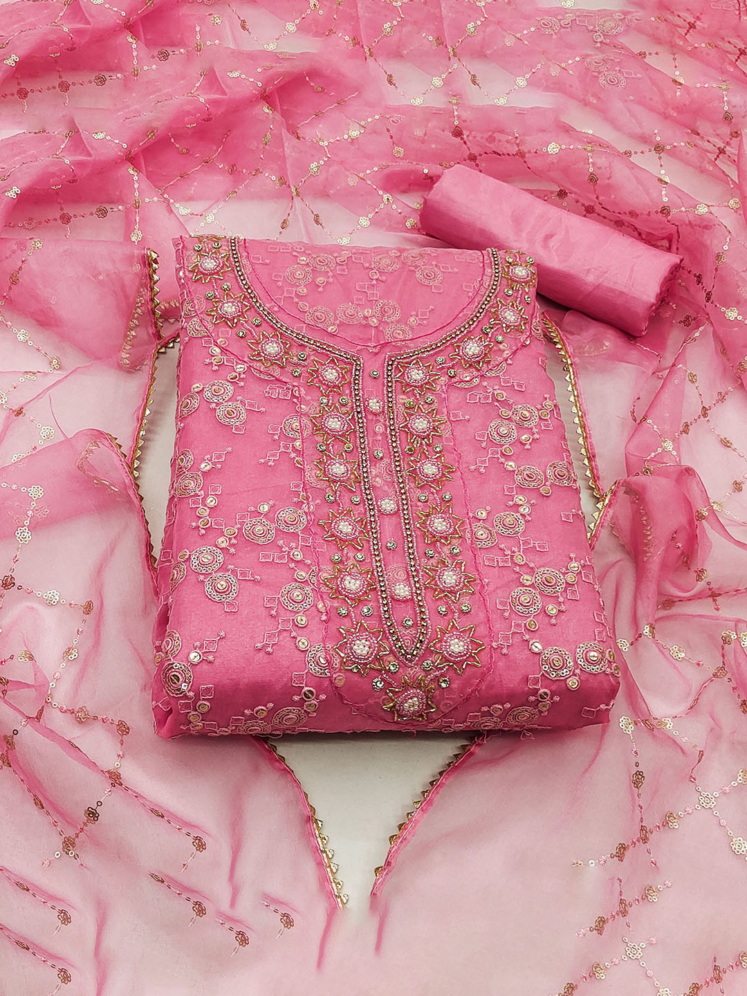 

SAINOOR Floral Embroidered Beads And Stones Pure Organza Semi-Stitched Dress Material, Pink