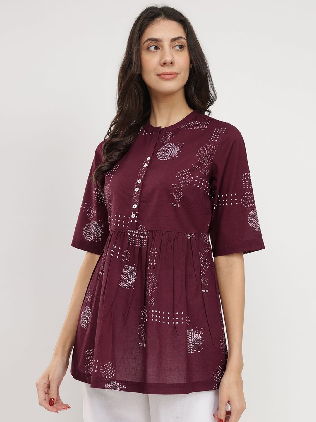 

Pink Fort Women Cotton Geometric Print Tunic Burgundy