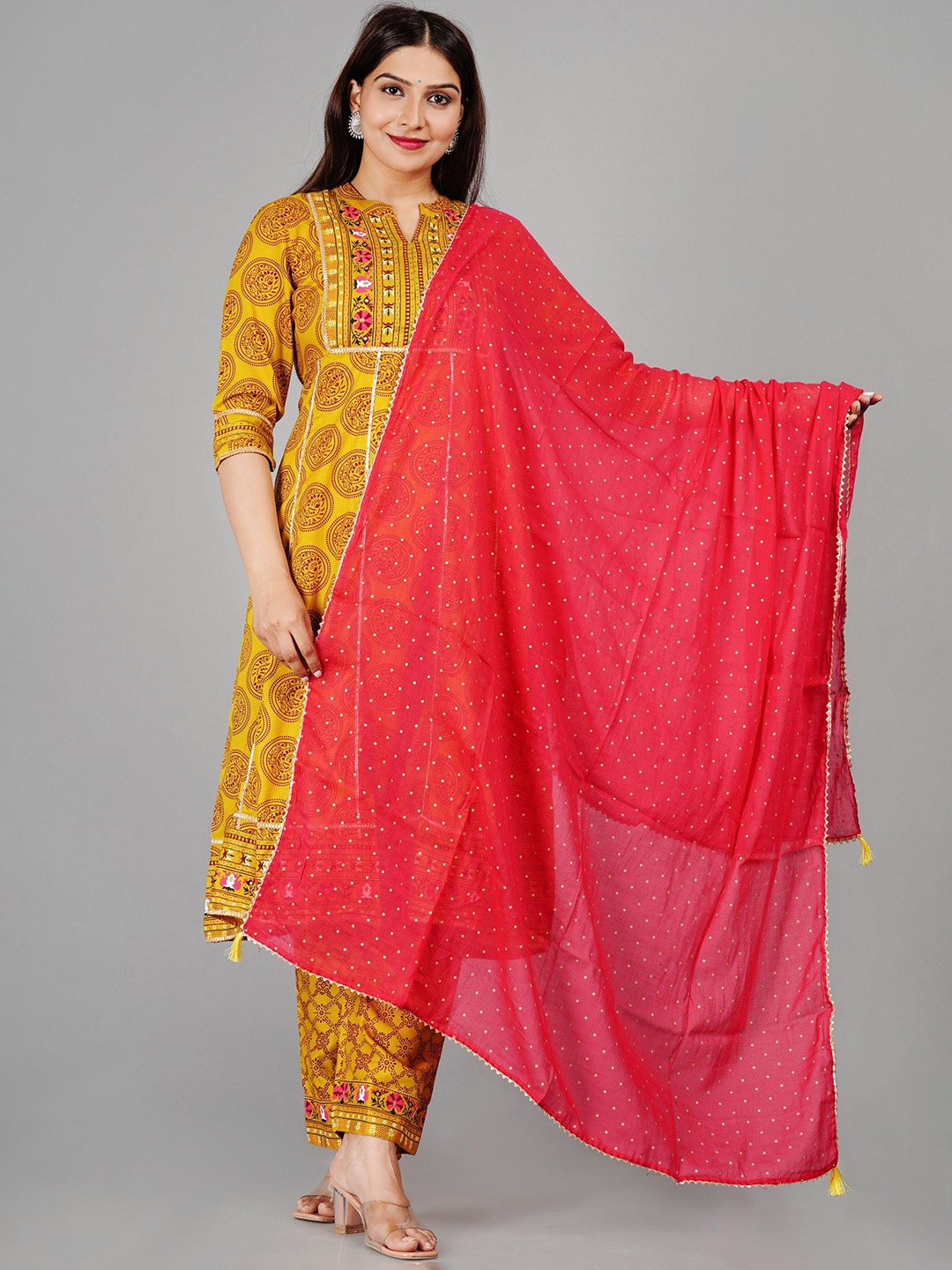 

rf clothes Ethnic Motifs Printed Mandarin Collar Anarkali Kurta With Trousers & Dupatta, Orange