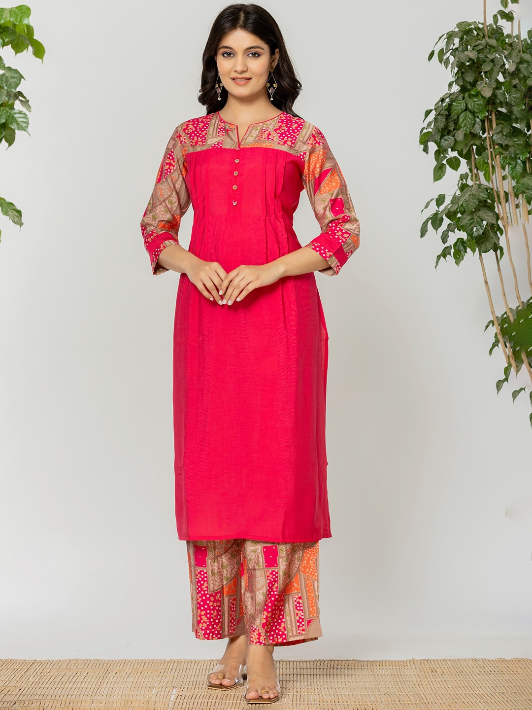 

AUTUMN LANE Notch Neck Straight Kurta With Palazzo, Pink