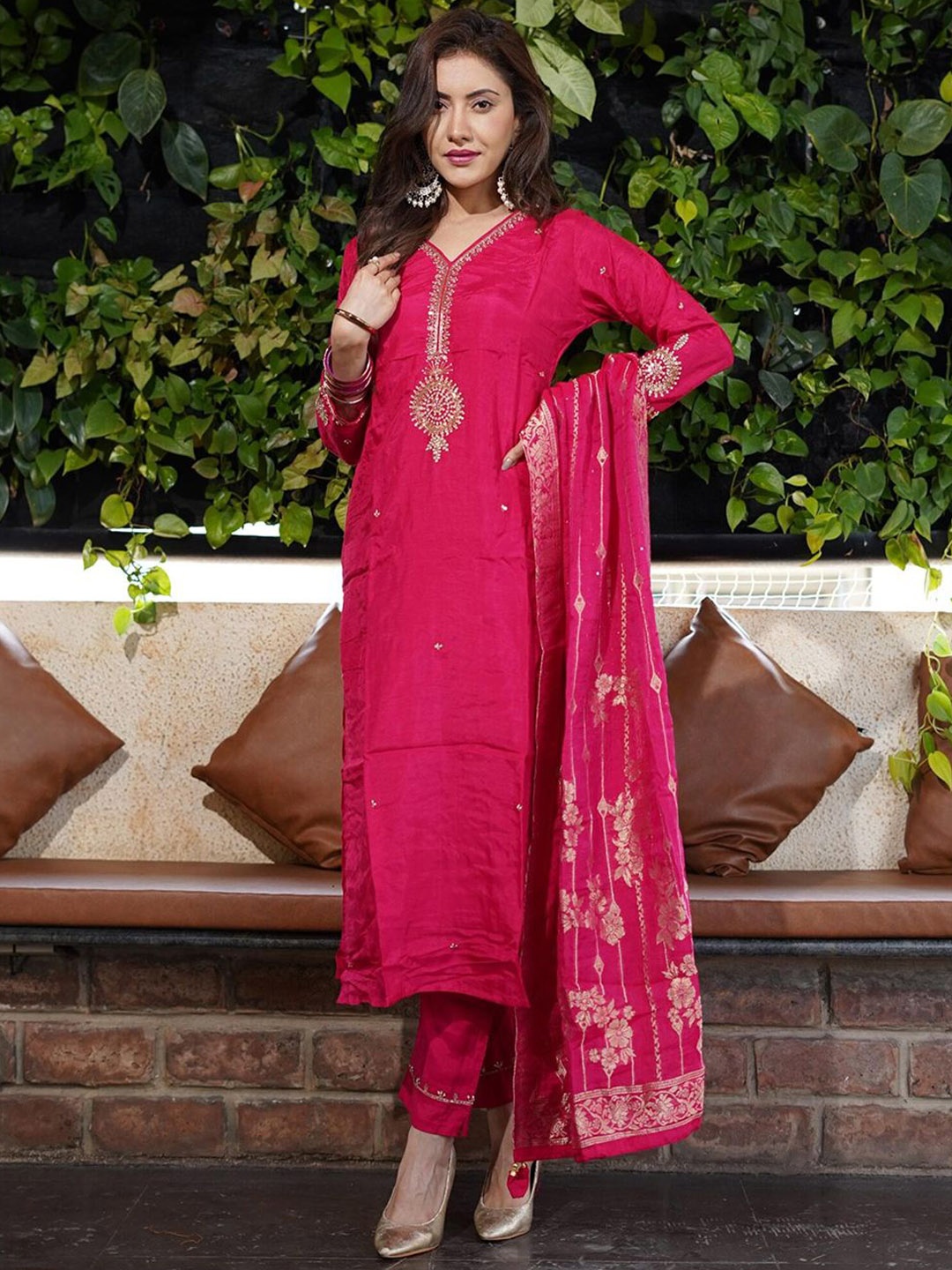 

GUNVANTI FAB Floral Embroidered Sequinned Work Straight Kurta With Trousers & Dupatta, Pink