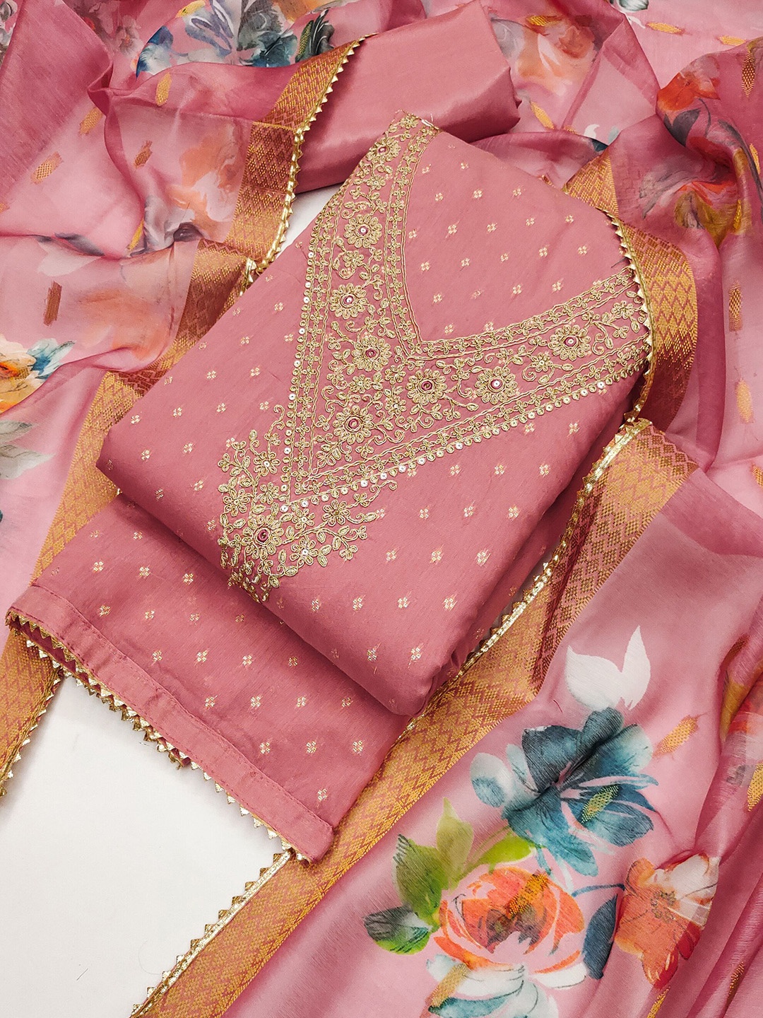 

TAVAS Floral Embroidered Cotton Blend Unstitched Dress Material, Peach