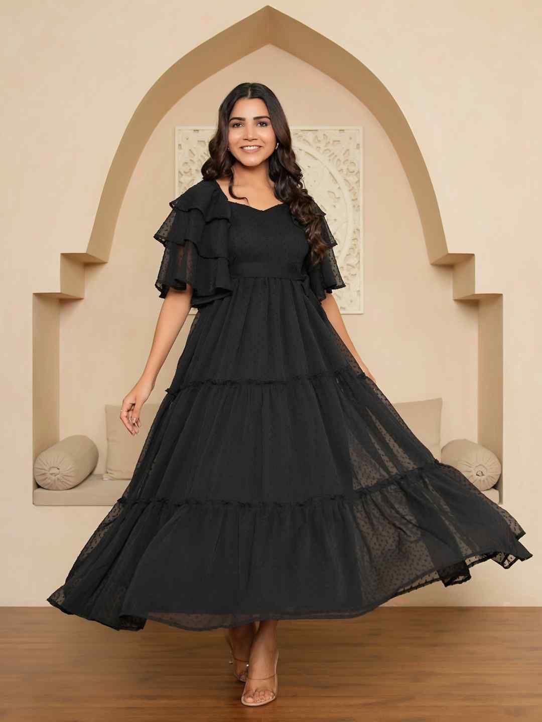 

NOUN Self Design Sweetheart Neck Flutter Sleeve Tiered Empire Dress, Black
