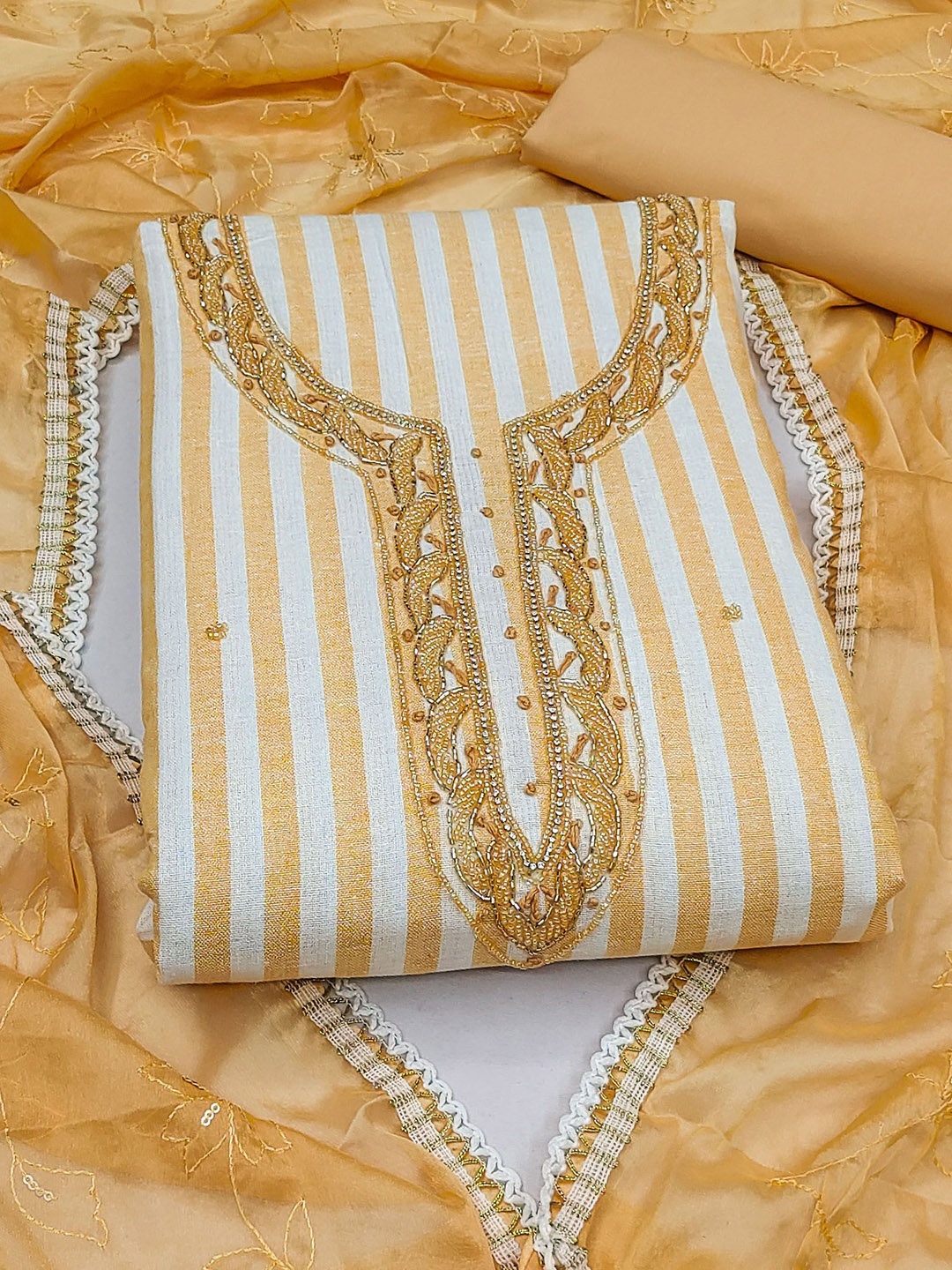

SAINOOR Striped Beads and Stones Cotton Unstitched Dress Material, Orange