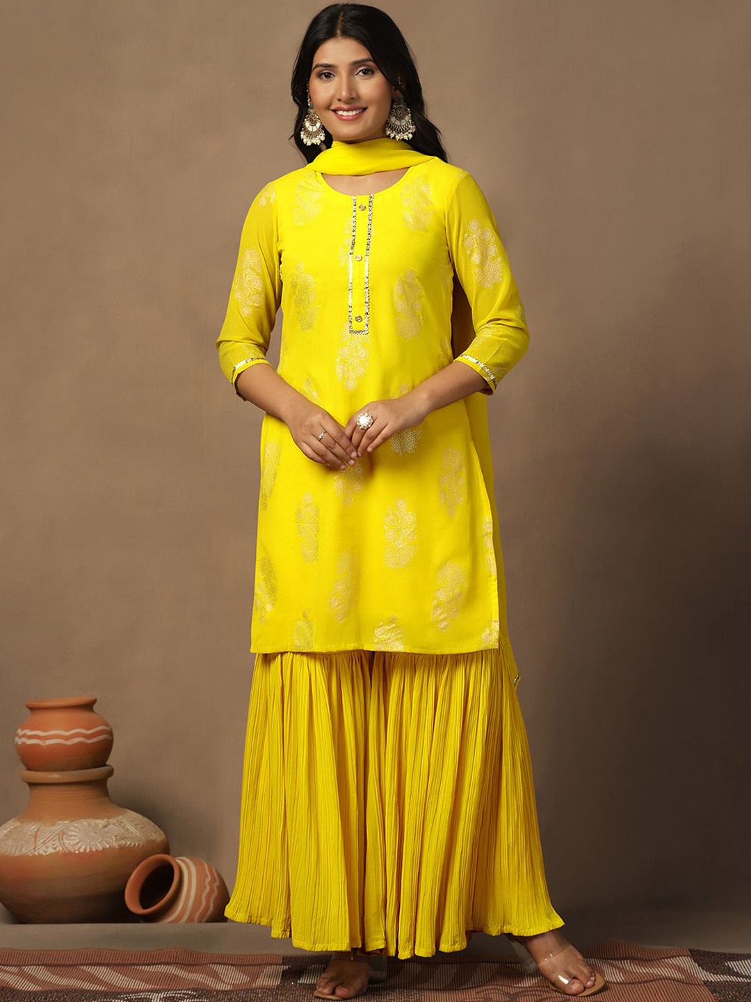 

Sangria Floral Printed Round Neck Kurta With Sharara & Dupatta, Yellow