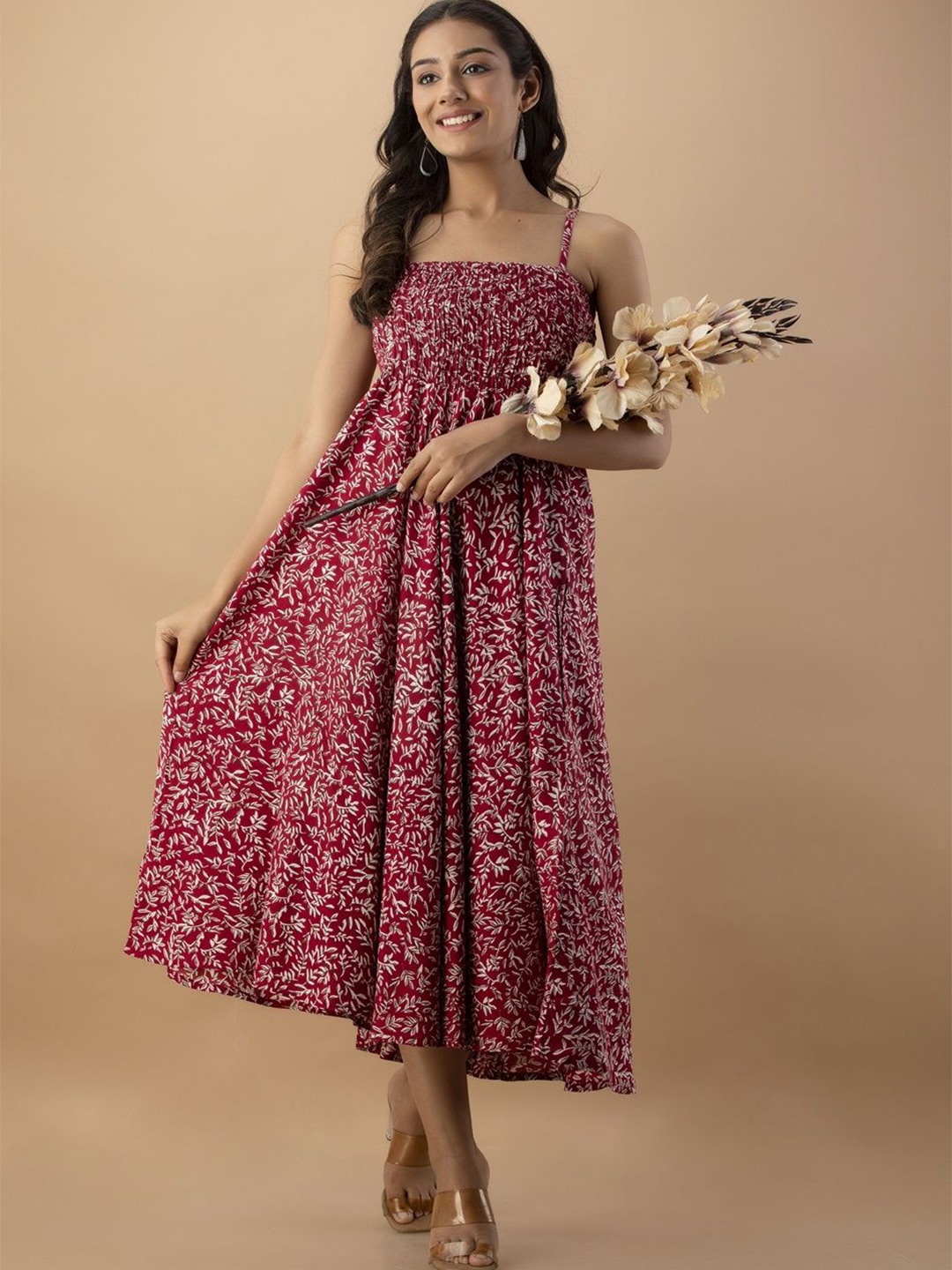 

Jollity Floral Print Fit & Flare Midi Dress, Maroon