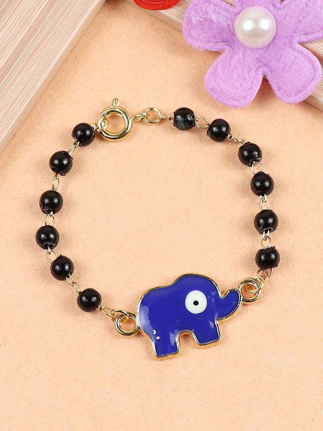 

Asthetika Girls Artificial Beaded Elephant Evil Eye Charm Bracelet, Gold