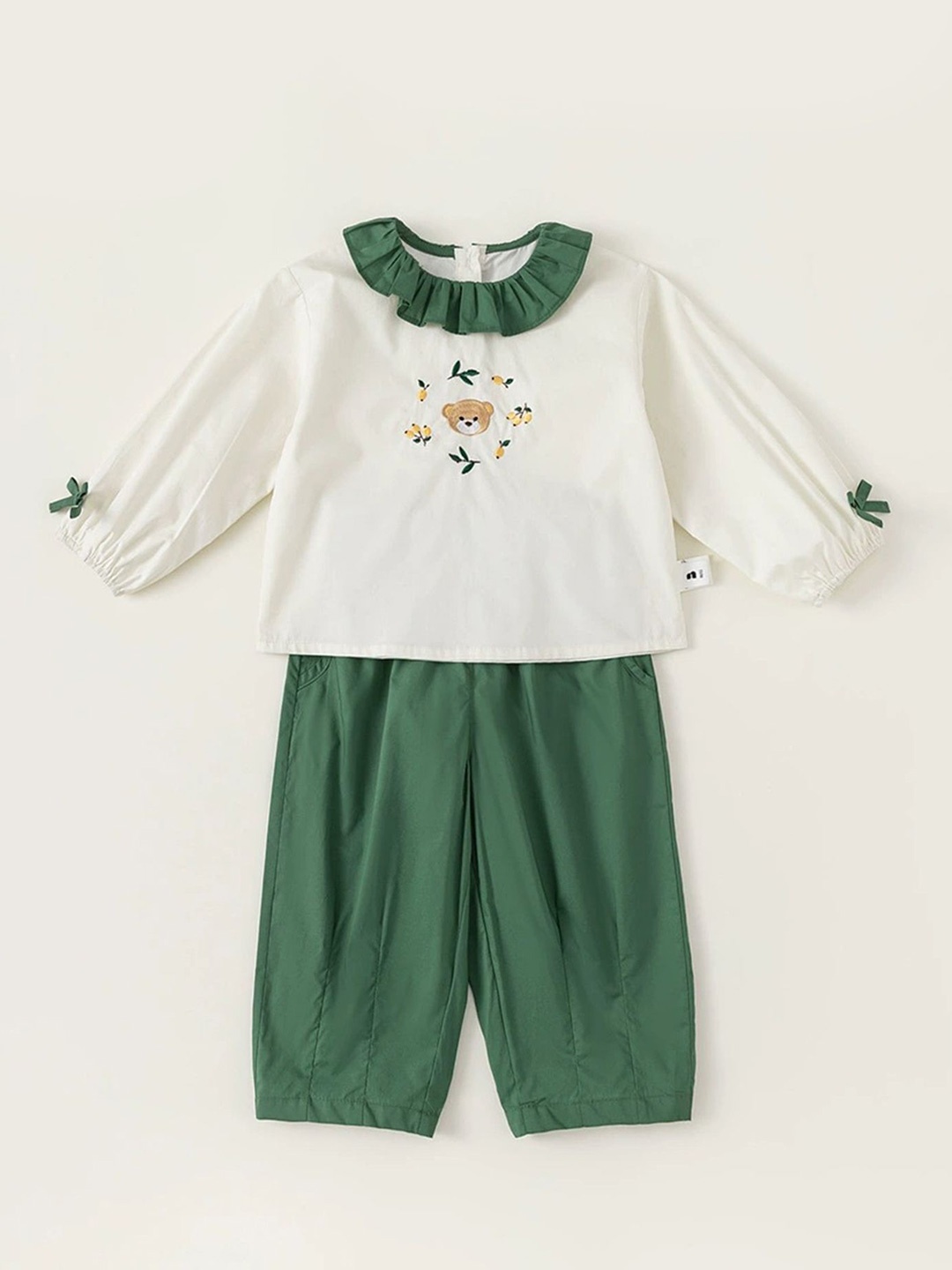 

LULU & SKY Girls Embroidered Round Neck Pure Cotton Top With Jogger, Green