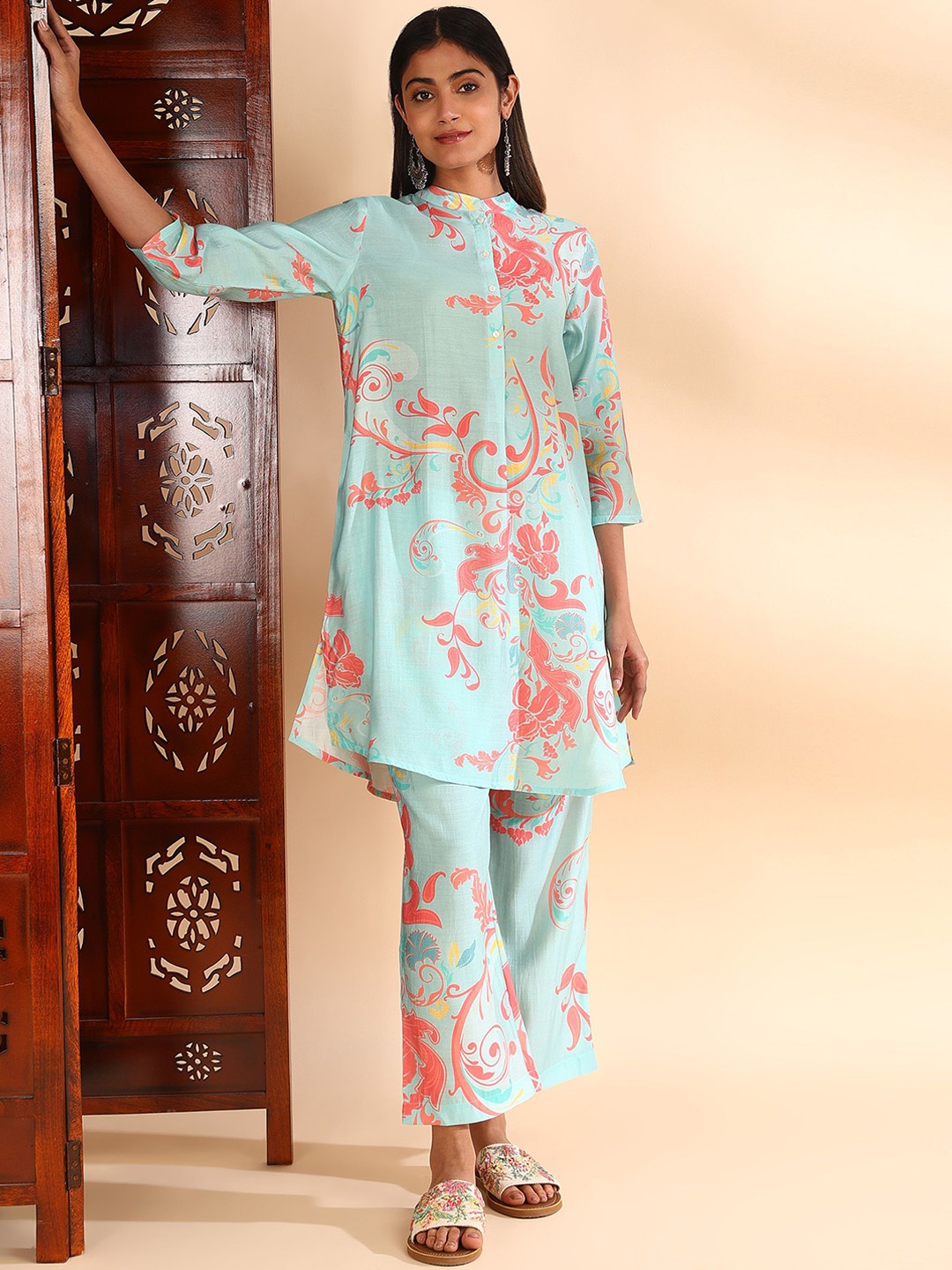 

HERE&NOW Floral Printed Mandarin Collar Shirt With Palazzo, Blue