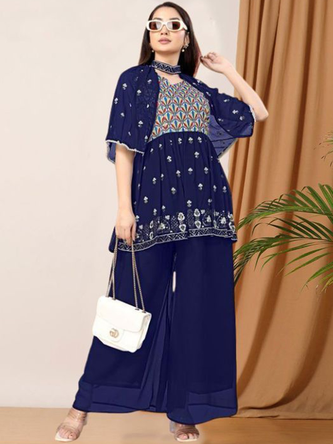 

PARROT CREATION Floral Embroidered Pleated Georgette A-Line Kurti with Palazzos & Cape, Navy blue