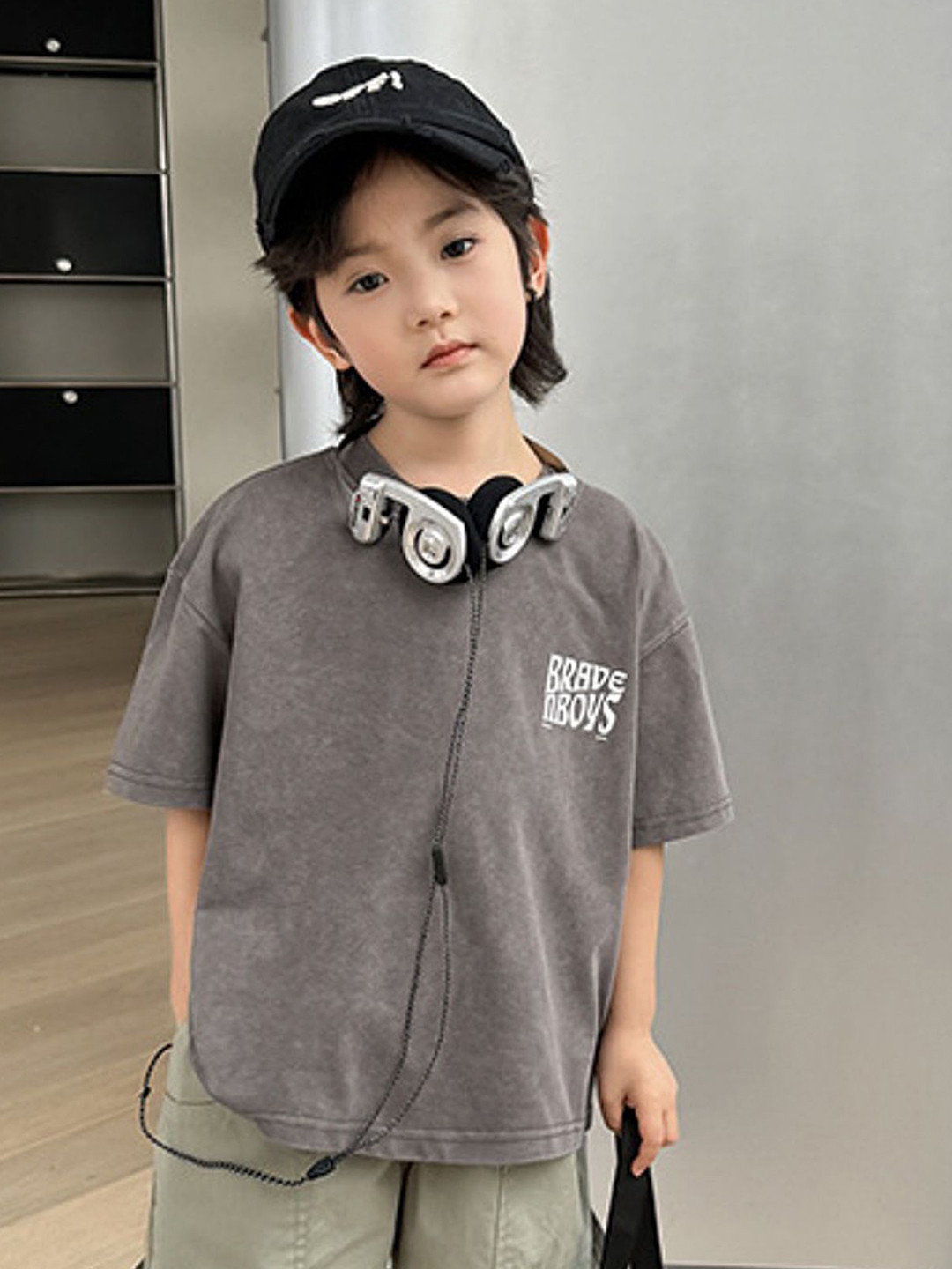 

LULU & SKY Boys Typography Printed Round Neck Cotton T-shirt, Grey
