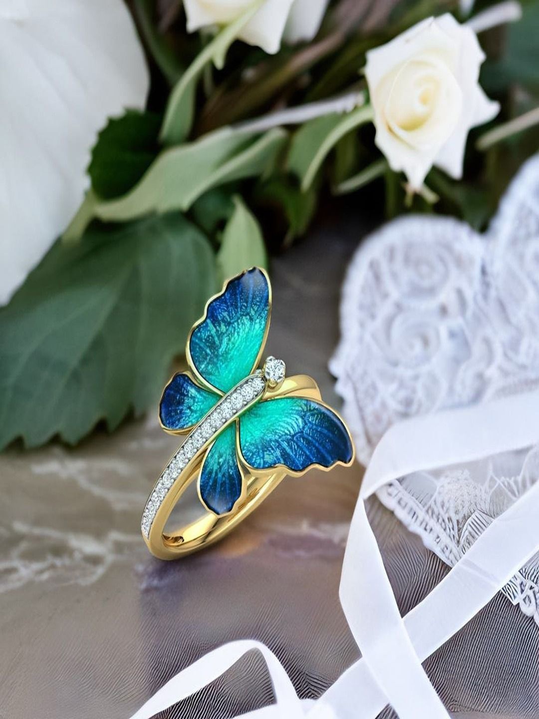 

DressBerry Gold-Plated CZ Stones Studded Butterfly Finger Ring, Blue