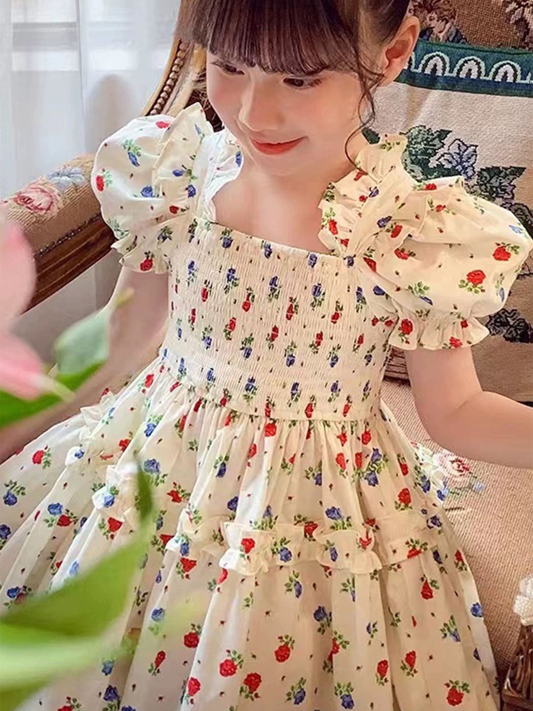 

LULU & SKY Girls Floral Print Puff Sleeve Fit & Flare Dress, Beige
