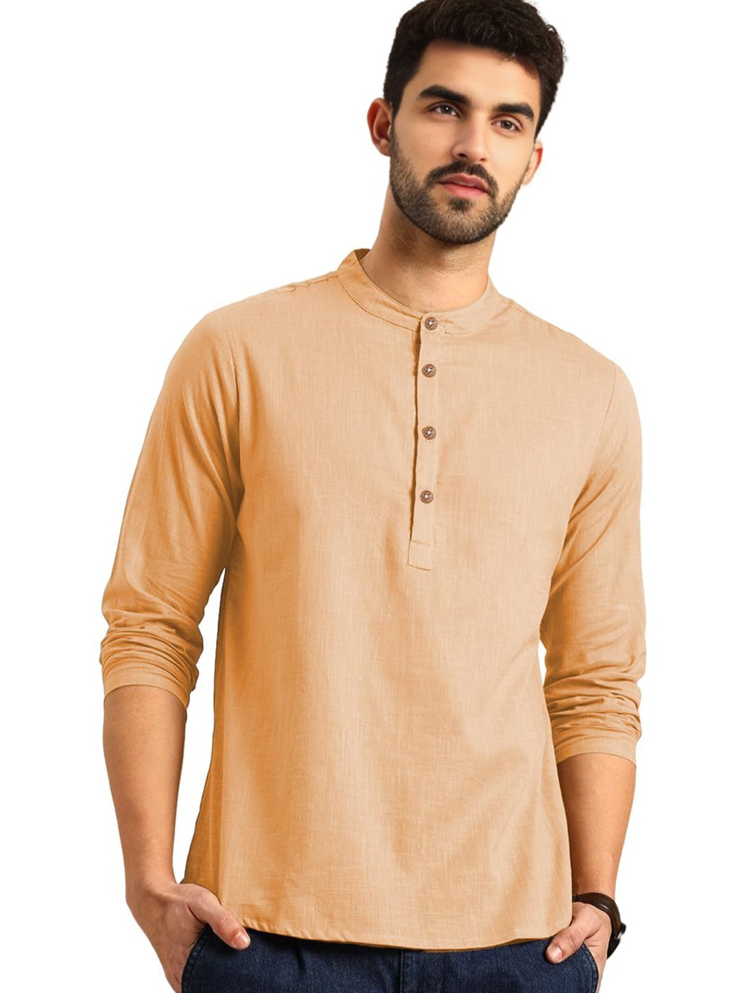 

Vida Loca Band Collar Pure Cotton Straight Short Kurta, Orange
