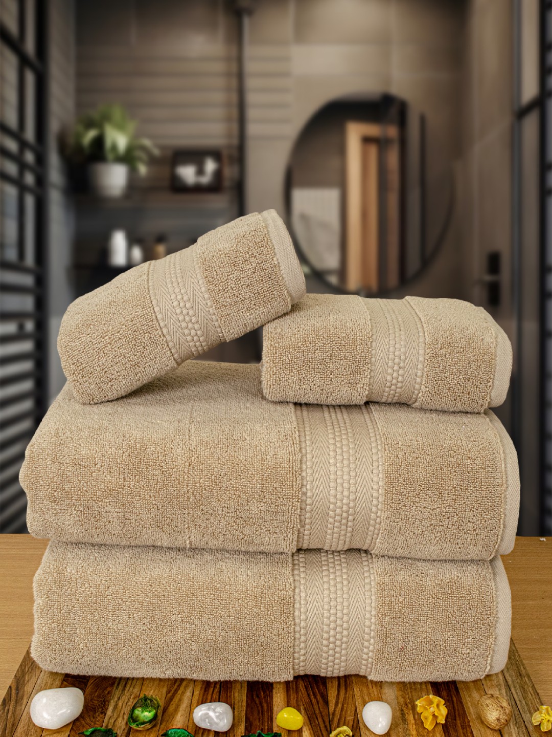 

Myntra Elegant Homes Beige 4 Pieces Self Design Pure Cotton 600 GSM Towel Set