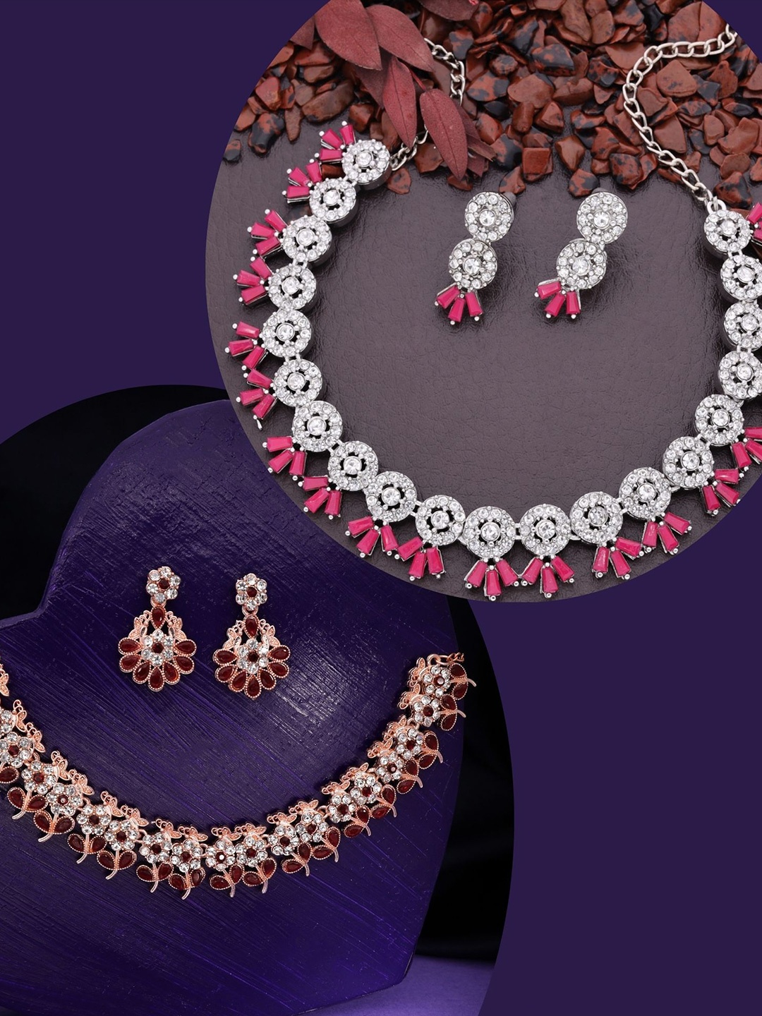 

DIVASTRI Set Of 2 Rose Gold & Silver-Plated American Diamonds Studded Jewellery Set