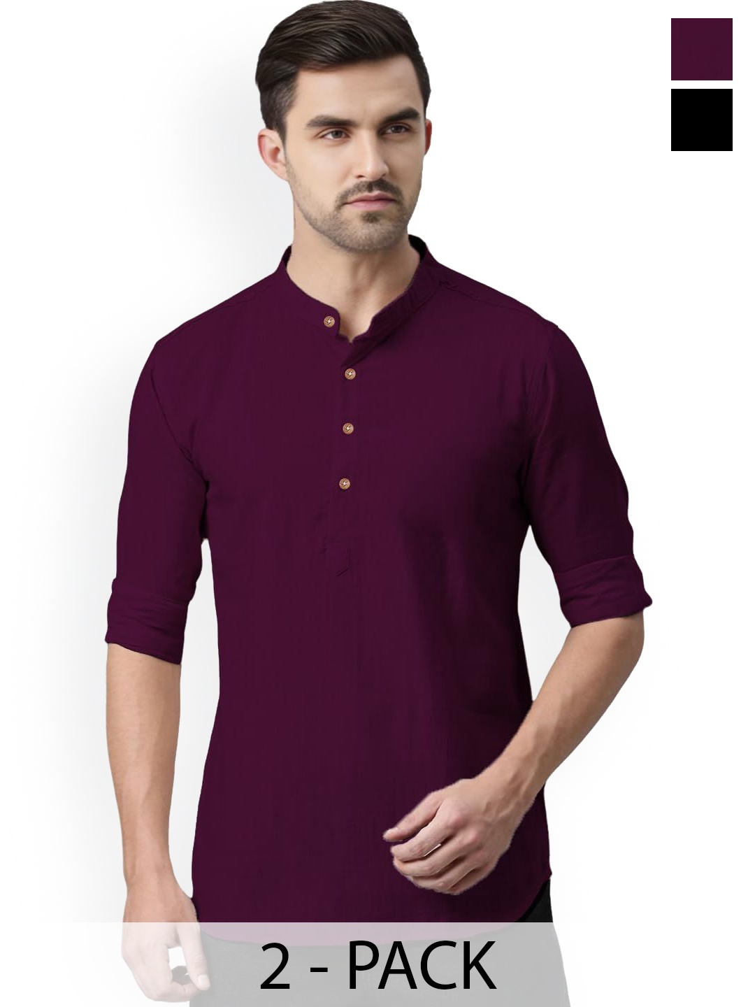 

Vida Loca Selection Of 2 Band Collar Cotton Straight Short Kurtas, Purple