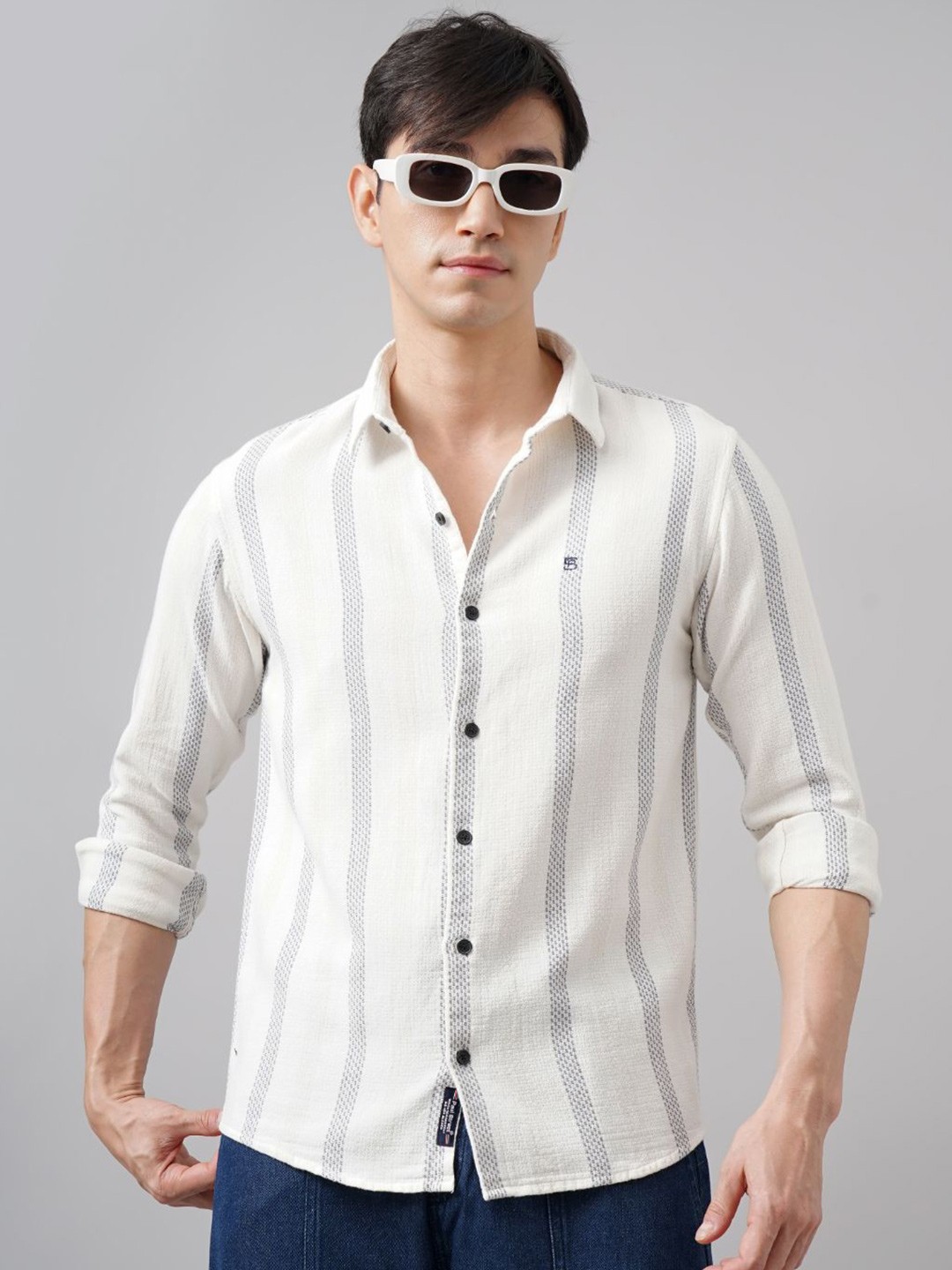 

PAUL STREET Men Standard Slim Fit Opaque Striped Casual Shirt, White